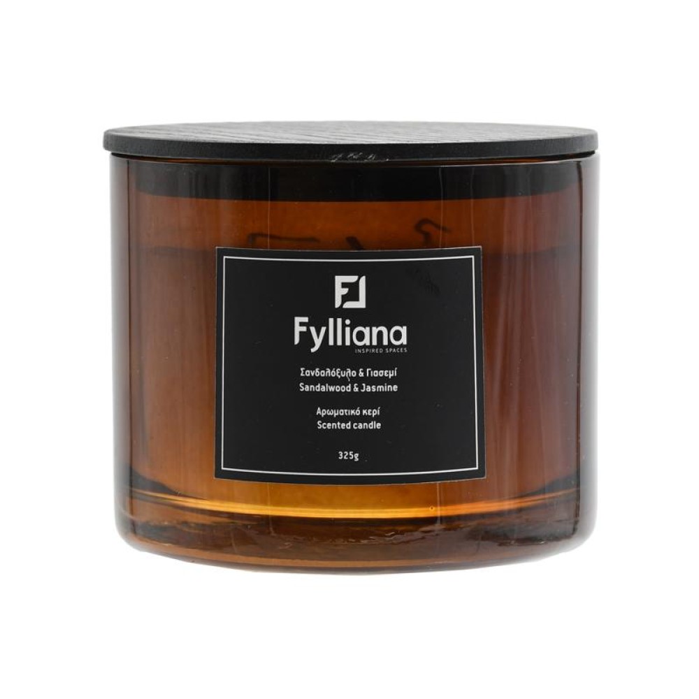 ΑΡΩΜΑΤΙΚΟ ΚΕΡΙ Fylliana FL1180 "ΣΑΝΔΑΛΟΞΥΛΟ & ΓΙΑΣΕΜΙ" ΣΕ ΓΥΑΛΙΝΟ ΒΑΖΑΚΙ 325gr ΚΑΙ ΣΥΣΚΕΥΑΣΙΑ ΔΩΡΟΥ ΚΑΦΕ ΧΡΩΜΑ 8x10.5εκ