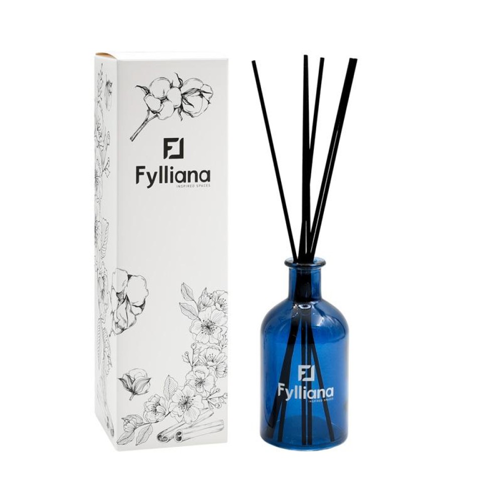 ΑΡΩΜΑΤΙΚΟ ΧΩΡΟΥ ΓΥΑΛΙΝΟ ΜΠΟΥΚΑΛΑΚΙ ΜΕ STICKS Fylliana FL013 "ΒΑΜΒΑΚΙ" ΚΑΙ ΣΥΣΚΕΥΑΣΙΑ ΔΩΡΟΥ ΜΠΛΕ ΧΡΩΜΑ 200ml