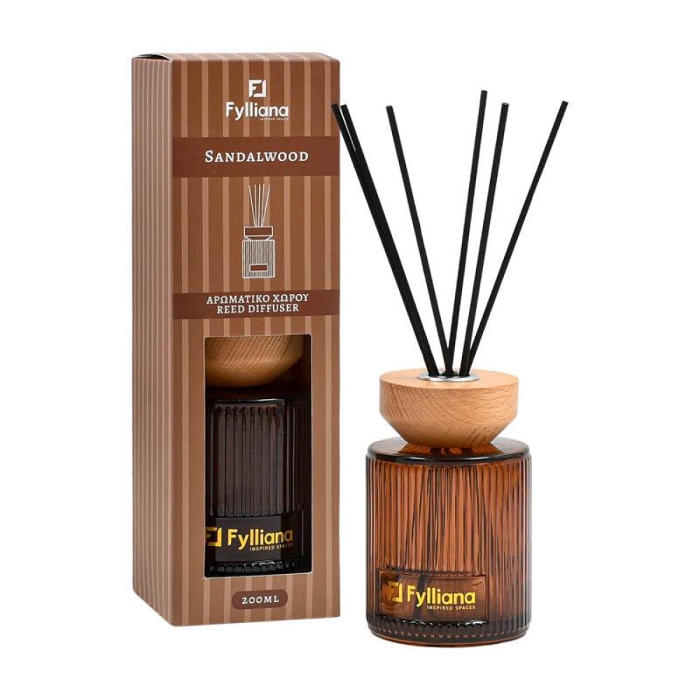 ΑΡΩΜΑΤΙΚΟ ΧΩΡΟΥ "Sandalwood" ΓΥΑΛΙΝΟ ΜΠΟΥΚΑΛΑΚΙ ΜΕ STICKS Fylliana FL25240 ΣΕ ΣΥΣΚΕΥΑΣΙΑ ΔΩΡΟΥ ΚΑΦΕ ΧΡΩΜΑ 200ml