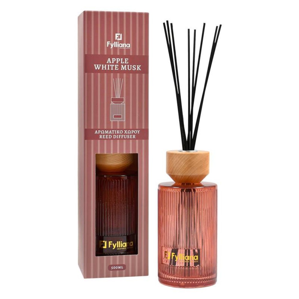 ΑΡΩΜΑΤΙΚΟ ΧΩΡΟΥ "Apple white musk" ΓΥΑΛΙΝΟ ΜΠΟΥΚΑΛΑΚΙ ΜΕ STICKS Fylliana FL25241 ΣΕ ΣΥΣΚΕΥΑΣΙΑ ΔΩΡΟΥ ΡΟΖ ΧΡΩΜΑ 500ml