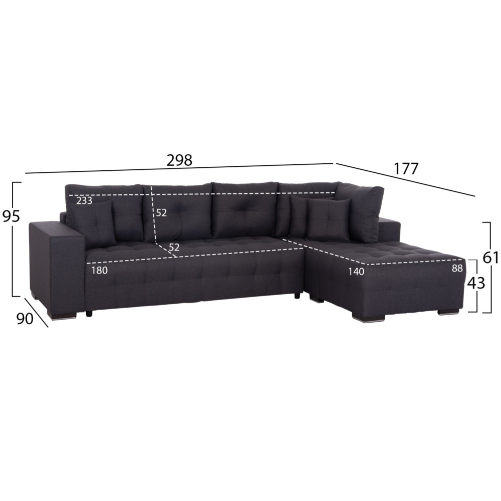 ΓΩΝΙΑΚΟΣ ΚΑΝΑΠΕΣ-ΚΡΕΒΑΤΙ ΜΕ ΑΠΟΘ.ΧΩΡΟ TRENDSTON HM3302.01R ΓΚΡΙ ΥΦΑΣΜΑ 298x177x95Υεκ