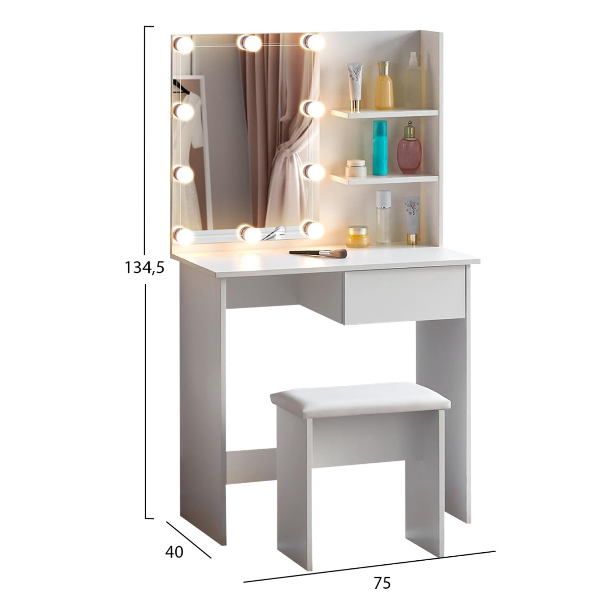 ΤΟΥΑΛΕΤΑ ΜΕ ΦΩΤΙΣΜΟ LED & ΡΑΦΙΑ LAURYN HM2501.03 ΜΕΛΑΜΙΝΗ ΣΕ ΛΕΥΚΟ 75x40x134.5Υεκ