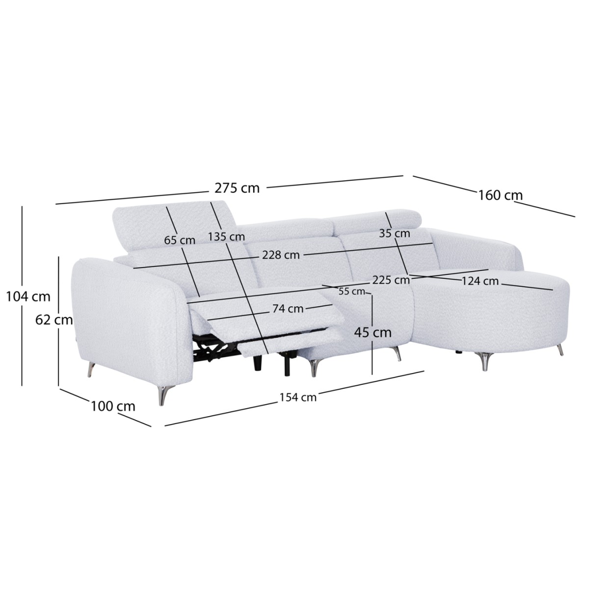 ΚΑΝΑΠΕΣ ΔΕΞΙΑ ΓΩΝΙΑ 3Θ ΜΕ RECLINE VALENTE HM3317.01R ΑΝΟΙΧΤΟ ΓΚΡΙ ΥΦΑΣΜΑ 275x160x104Yεκ