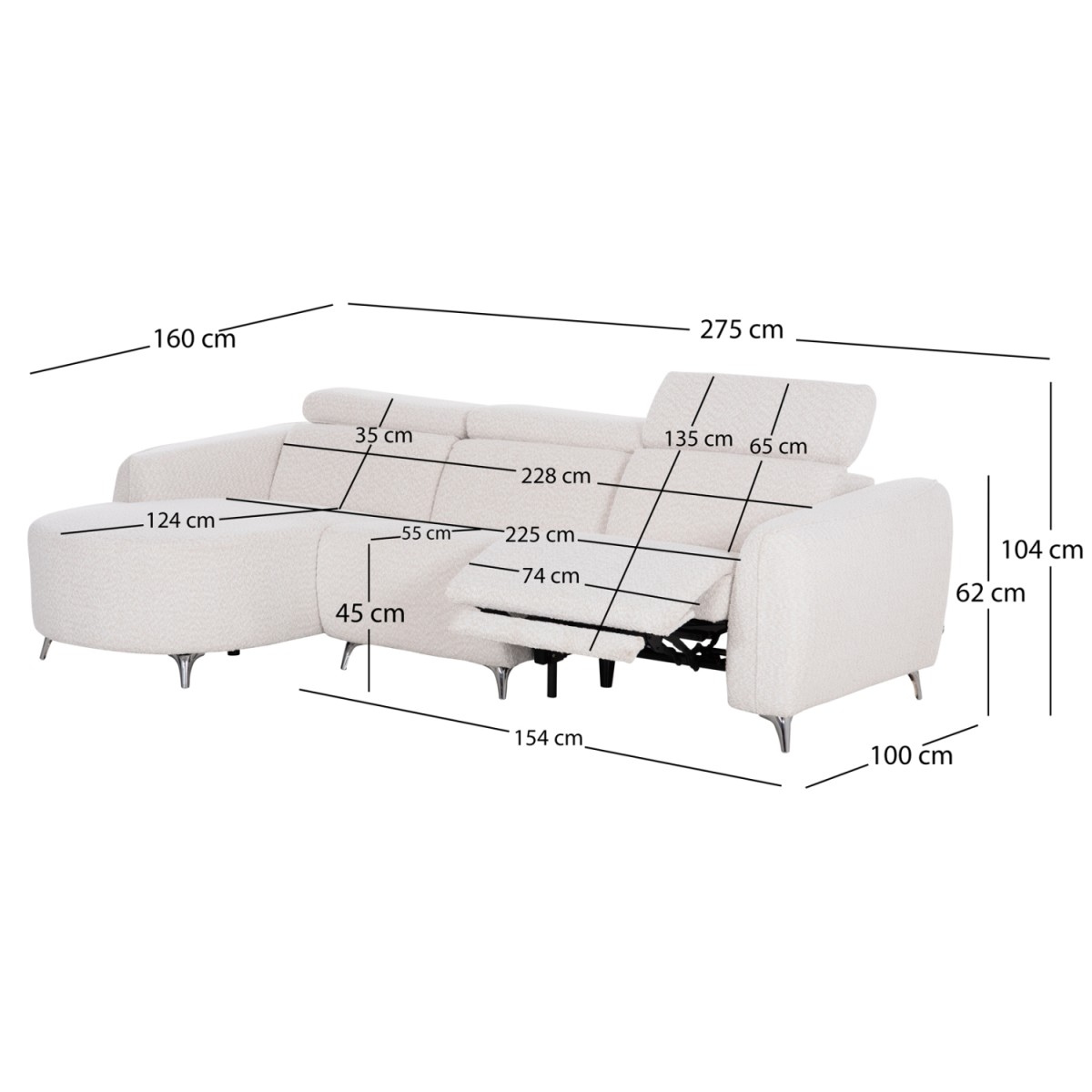 ΚΑΝΑΠΕΣ ΑΡΙΣΤΕΡΗ ΓΩΝΙΑ 3Θ ΜΕ RECLINE VALENTE HM3317.02L ΜΠΕΖ ΥΦΑΣΜΑ 275x160x104Yεκ