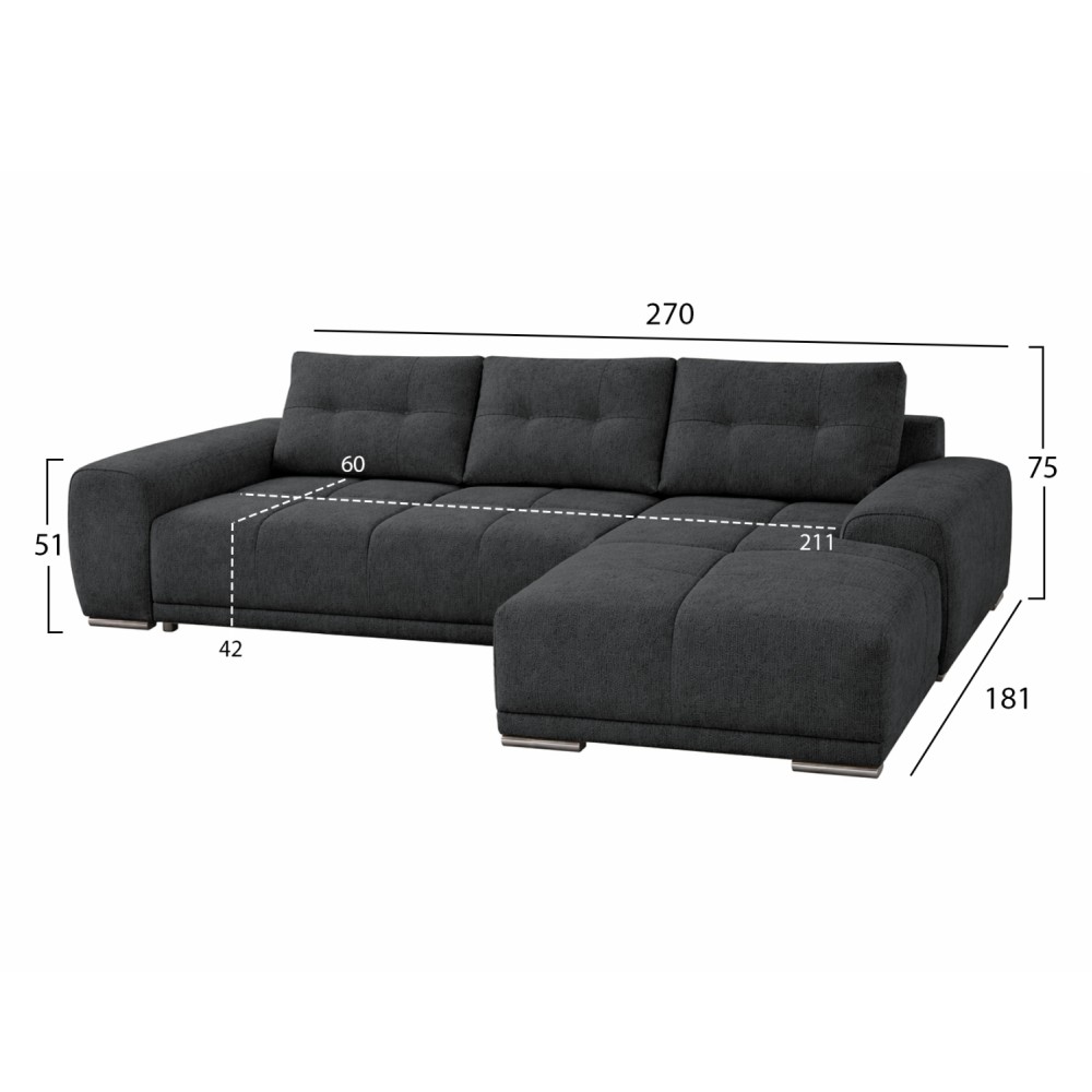 ΚΑΝΑΠΕΣ ΚΡΕΒΑΤΙ ΔΕΞΙΑ ΓΩΝΙΑ COMFYRA HM3336.01R ΓΚΡΙ ΥΦΑΣΜΑ 270x181x75Υεκ