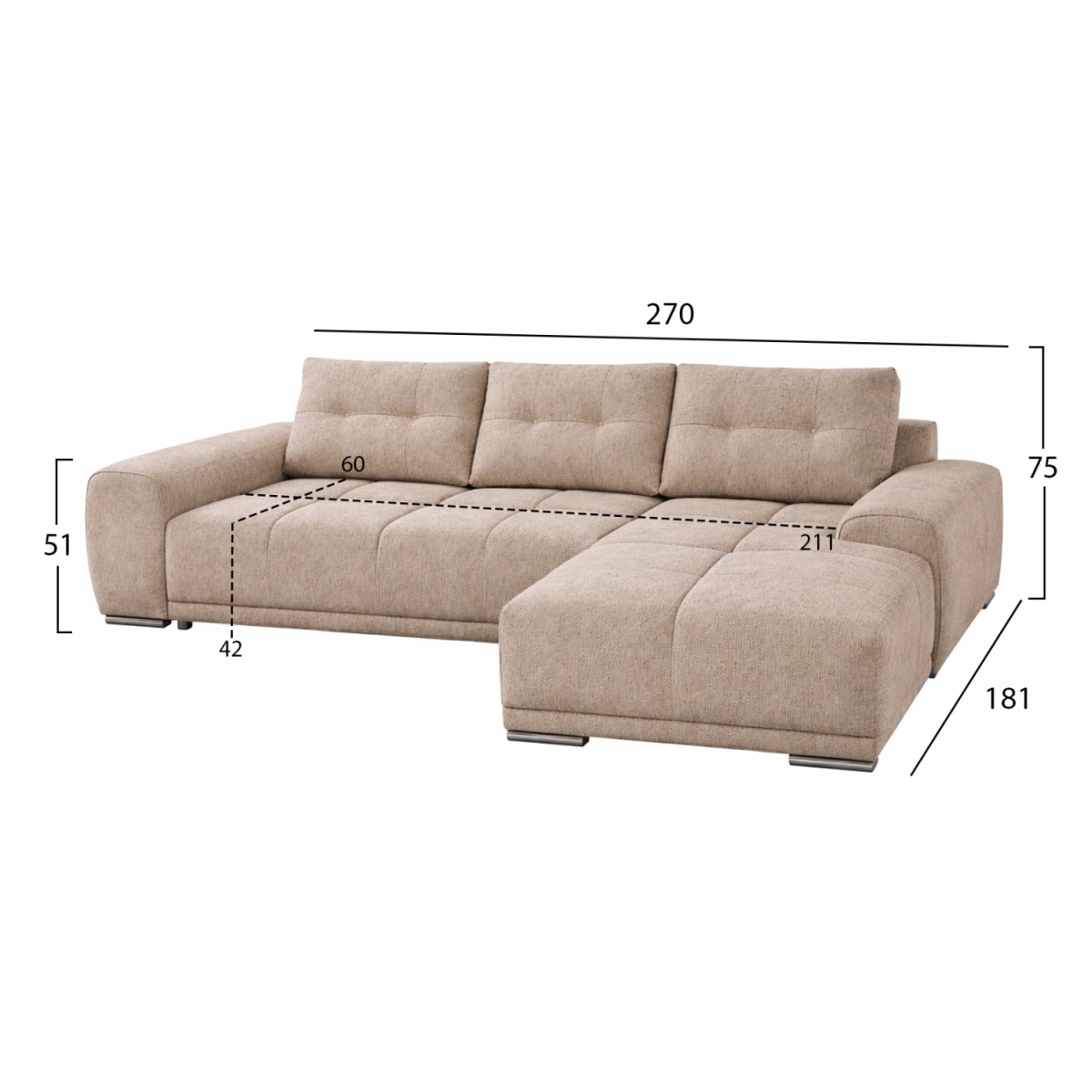 ΚΑΝΑΠΕΣ ΚΡΕΒΑΤΙ ΔΕΞΙΑ ΓΩΝΙΑ COMFYRA HM3336.03R ΜΠΕΖ ΥΦΑΣΜΑ 270x181x75Υεκ