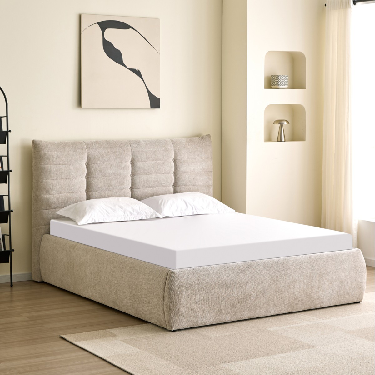 ΚΡΕΒΑΤΙ ΔΙΠΛΟ SANDRA HM732.03 ΜΠΕΖ ΥΦΑΣΜΑ & ΑΠΟΘΗΚΕΥΤΙΚΟΣ ΧΩΡΟΣ ΓΙΑ  ΣΤΡΩΜΑ 160x200εκ