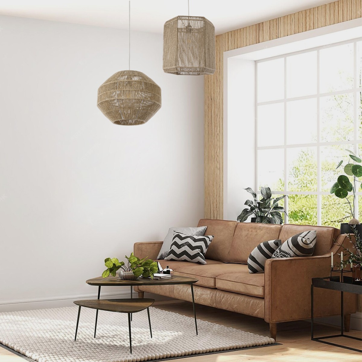 GloboStar® CAYMAN 00522 Boho Κρεμαστό Φωτιστικό Πλέγμα Μονόφωτο 1 x E27 IP20 Μπεζ Σχοινί - Μ40 x Π40 x Υ30cm