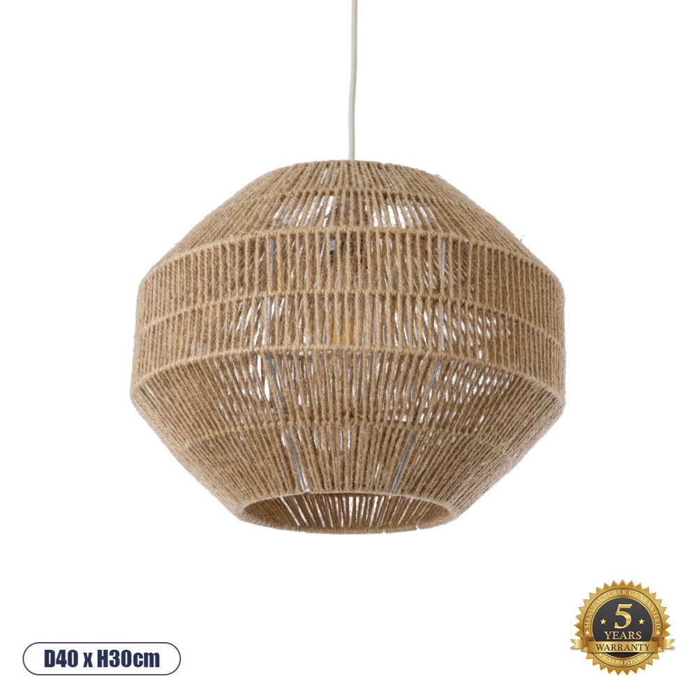 GloboStar® CAYMAN 00522 Boho Κρεμαστό Φωτιστικό Πλέγμα Μονόφωτο 1 x E27 IP20 Μπεζ Σχοινί - Μ40 x Π40 x Υ30cm