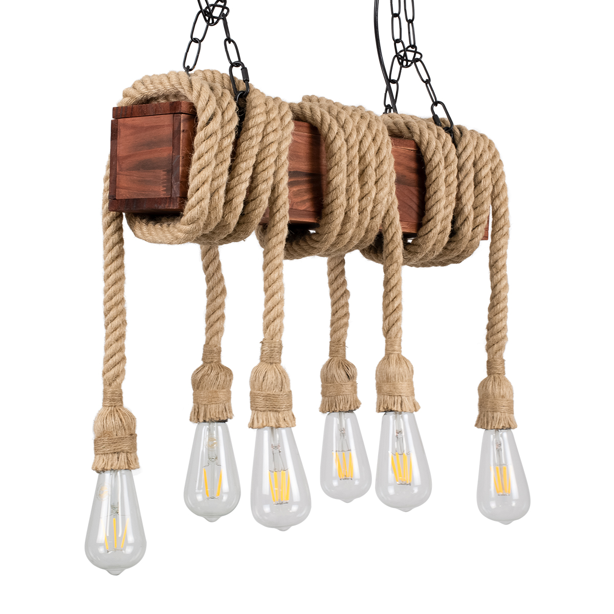 GloboStar® VIKING 00606 Vintage Κρεμαστό Φωτιστικό Ανάρτηση Πολύφωτο 6 x E27 IP20 Μαύρο Μέταλλο, Καφε Ξύλο με Μπεζ Σχοινί - Μ53 x Π11 x Υ96cm έως Y220cm max