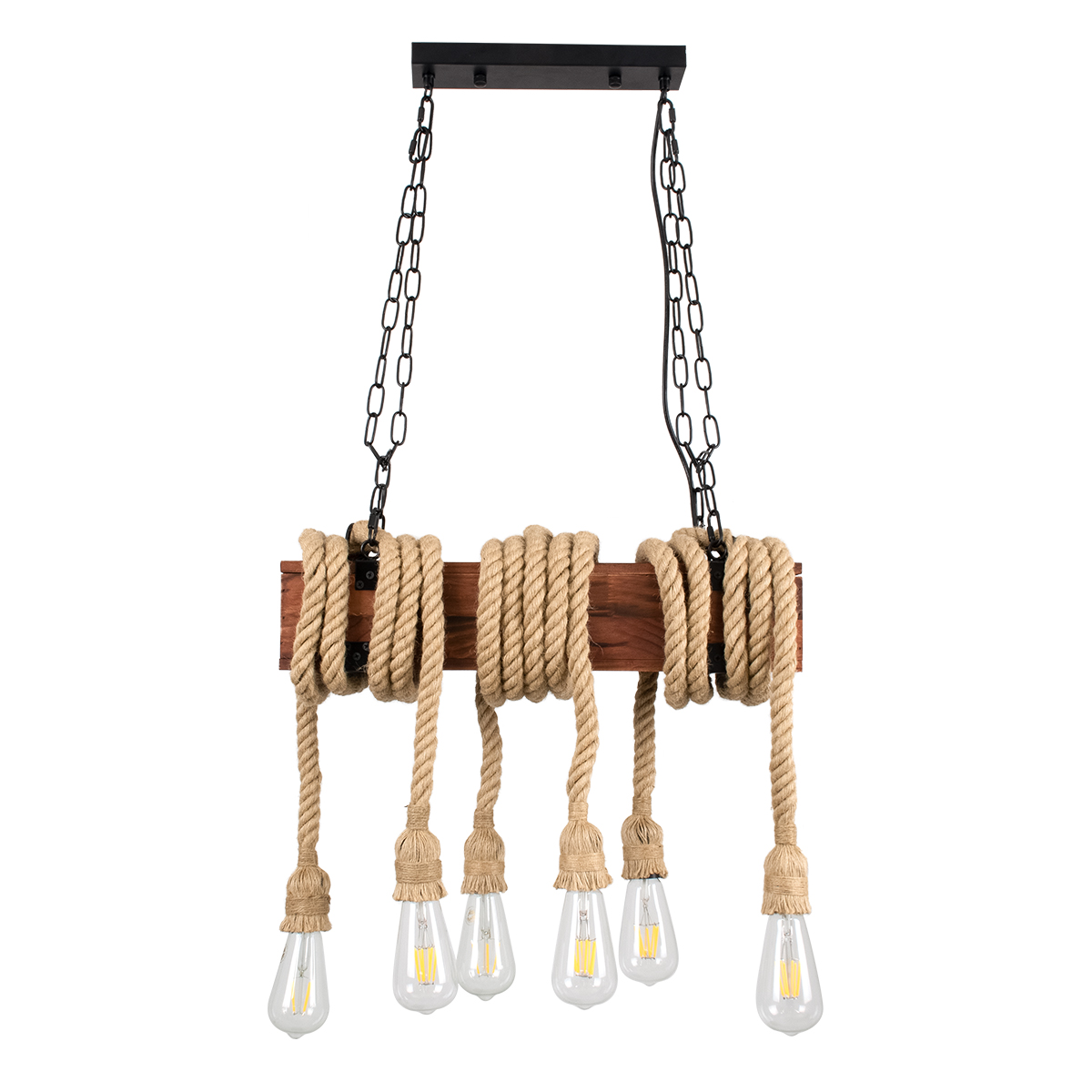 GloboStar® VIKING 00606 Vintage Κρεμαστό Φωτιστικό Ανάρτηση Πολύφωτο 6 x E27 IP20 Μαύρο Μέταλλο, Καφε Ξύλο με Μπεζ Σχοινί - Μ53 x Π11 x Υ96cm έως Y220cm max