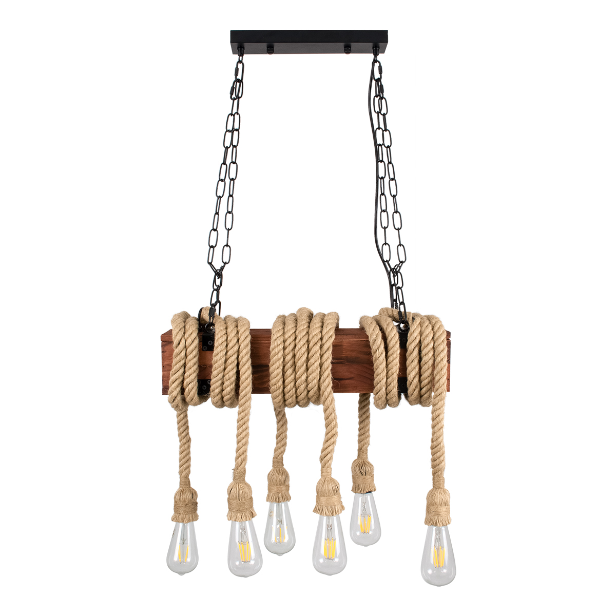 GloboStar® VIKING 00606 Vintage Κρεμαστό Φωτιστικό Ανάρτηση Πολύφωτο 6 x E27 IP20 Μαύρο Μέταλλο, Καφε Ξύλο με Μπεζ Σχοινί - Μ53 x Π11 x Υ96cm έως Y220cm max