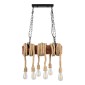 GloboStar® VIKING 00606 Vintage Κρεμαστό Φωτιστικό Ανάρτηση Πολύφωτο 6 x E27 IP20 Μαύρο Μέταλλο, Καφε Ξύλο με Μπεζ Σχοινί - Μ53 x Π11 x Υ96cm έως Y220cm max