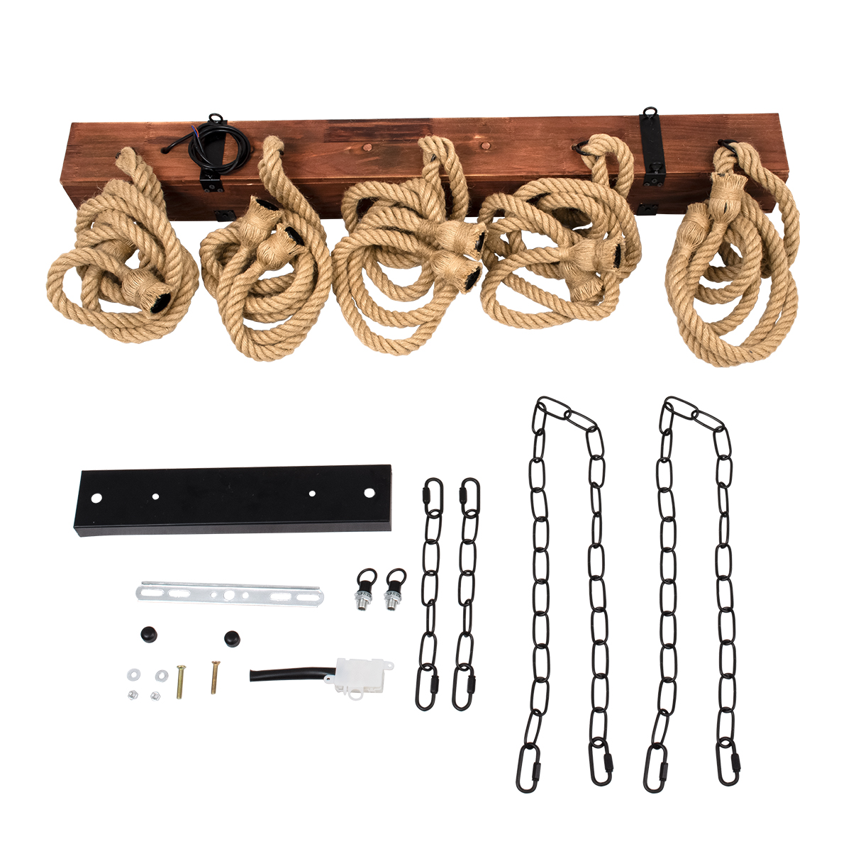 GloboStar® VIKING 00607 Vintage Κρεμαστό Φωτιστικό Ανάρτηση Πολύφωτο 10 x E27 Μαύρο Μέταλλο, Καφε Ξύλο με Μπεζ Σχοινί - Μ108 x Π11 x Υ96cm έως Y220cm max