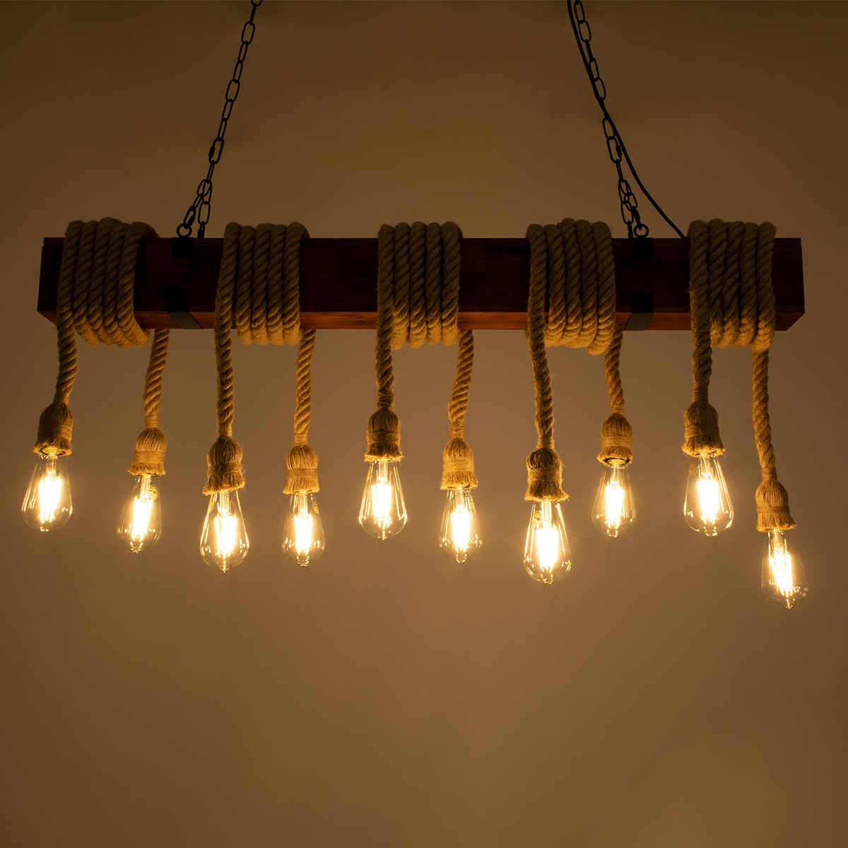 GloboStar® VIKING 00607 Vintage Κρεμαστό Φωτιστικό Ανάρτηση Πολύφωτο 10 x E27 Μαύρο Μέταλλο, Καφε Ξύλο με Μπεζ Σχοινί - Μ108 x Π11 x Υ96cm έως Y220cm max