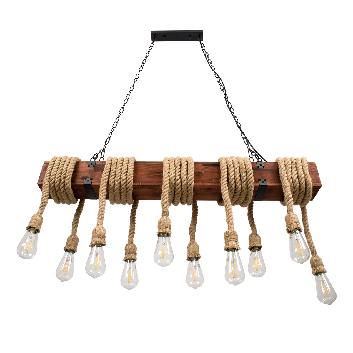 GloboStar® VIKING 00607 Vintage Κρεμαστό Φωτιστικό Ανάρτηση Πολύφωτο 10 x E27 Μαύρο Μέταλλο, Καφε Ξύλο με Μπεζ Σχοινί - Μ108 x Π11 x Υ96cm έως Y220cm max