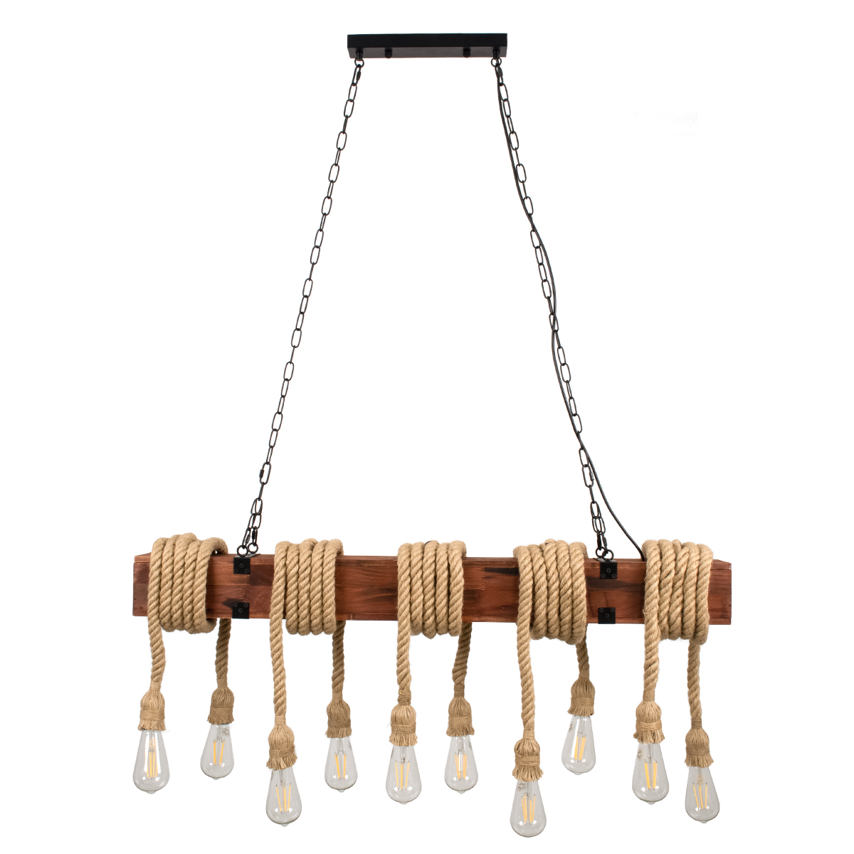 GloboStar® VIKING 00607 Vintage Κρεμαστό Φωτιστικό Ανάρτηση Πολύφωτο 10 x E27 Μαύρο Μέταλλο, Καφε Ξύλο με Μπεζ Σχοινί - Μ108 x Π11 x Υ96cm έως Y220cm max