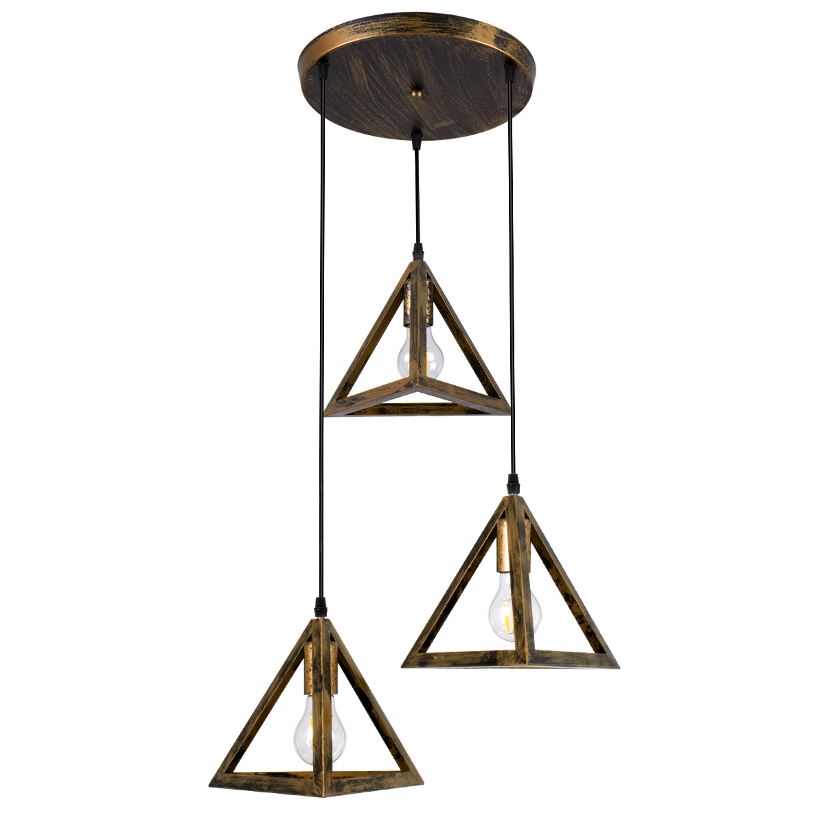 GloboStar® TRIANGLE 00619 Μοντέρνο Κρεμαστό Φωτιστικό Πλέγμα Τρίφωτο 3 x E27 IP20 Μπρούτζινο Μέταλλο - Μ49 x Π49 x Y130cm