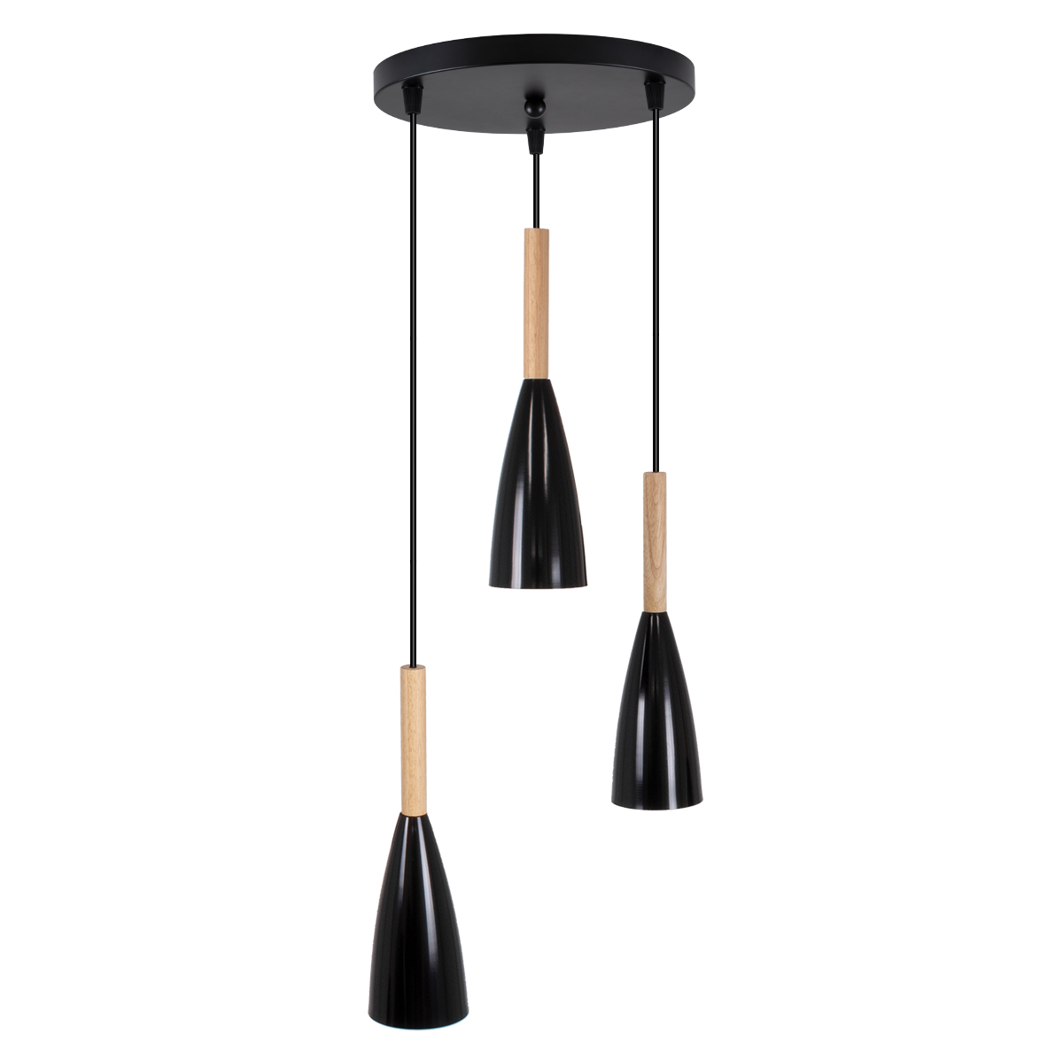 GloboStar® DILLON 00626 Μοντέρνο Κρεμαστό Φωτιστικό Καμπάνα Τρίφωτο 3 x E27 IP20 Μαύρο Μέταλλο με Μπεζ Ξύλο - Μ26 x Π26 x Υ130cm