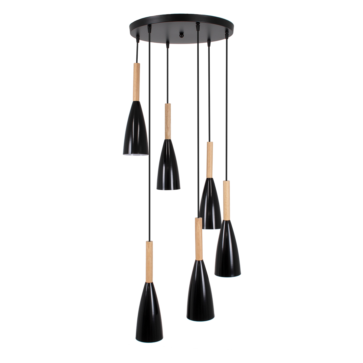 GloboStar® DILLON 00628 Μοντέρνο Κρεμαστό Φωτιστικό Καμπάνα Πολύφωτο 6 x E27 IP20 Μαύρο Μέταλλο με Μπεζ Ξύλο - Μ52 x Π52 x Y130cm