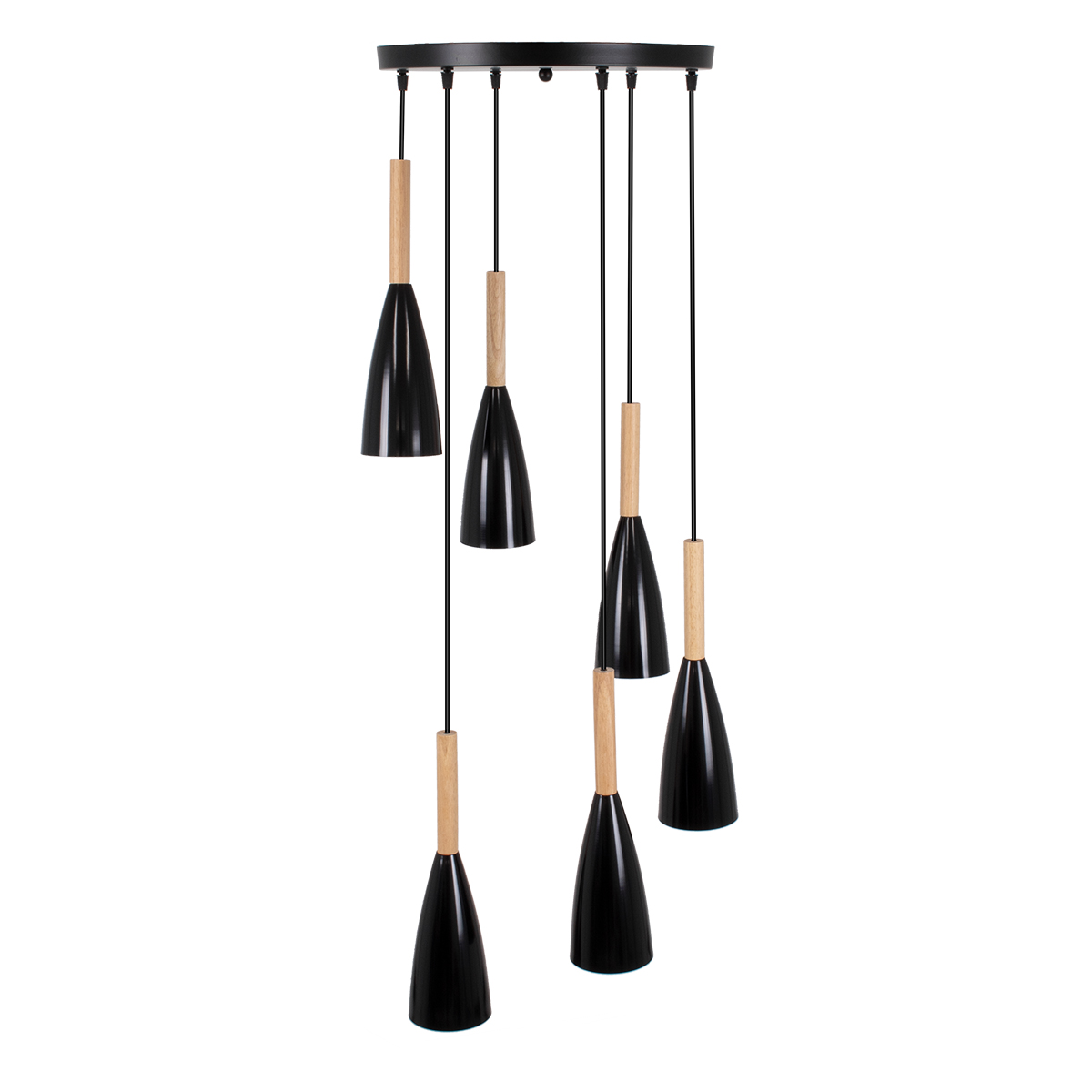 GloboStar® DILLON 00628 Μοντέρνο Κρεμαστό Φωτιστικό Καμπάνα Πολύφωτο 6 x E27 IP20 Μαύρο Μέταλλο με Μπεζ Ξύλο - Μ52 x Π52 x Y130cm