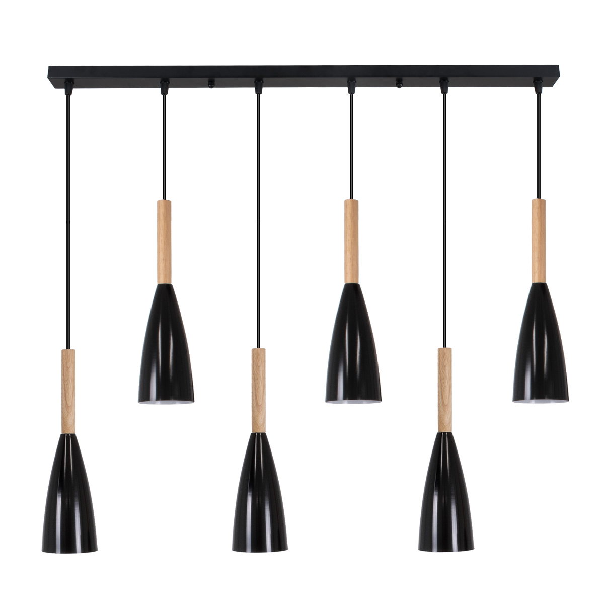 GloboStar® DILLON 00632 Μοντέρνο Κρεμαστό Φωτιστικό Ράγα Πολύφωτο 6 x E27 IP20 Μαύρο Μέταλλο με Μπεζ Ξύλο - Μ84 x Π14 x Υ130cm