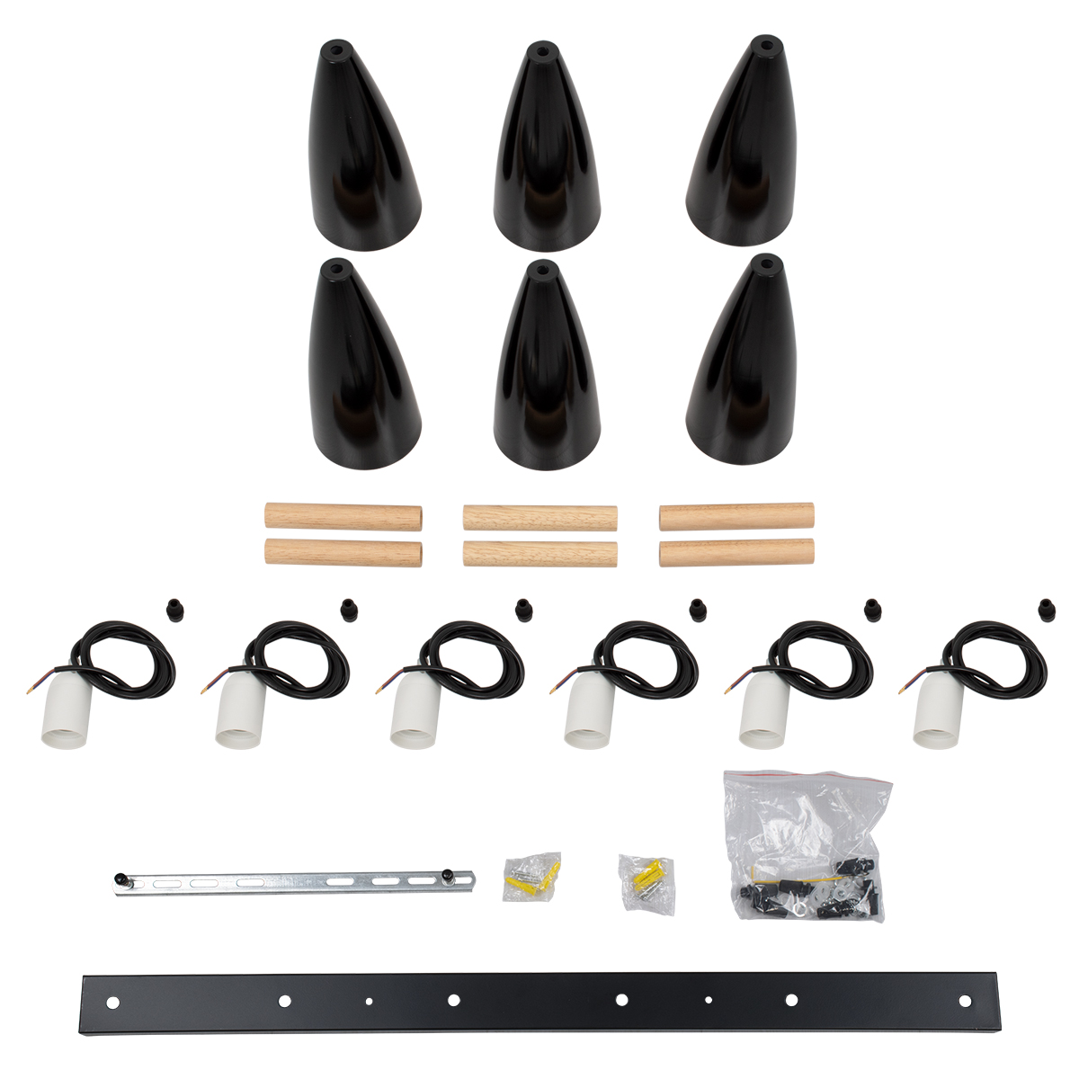 GloboStar® DILLON 00632 Μοντέρνο Κρεμαστό Φωτιστικό Ράγα Πολύφωτο 6 x E27 IP20 Μαύρο Μέταλλο με Μπεζ Ξύλο - Μ84 x Π14 x Υ130cm
