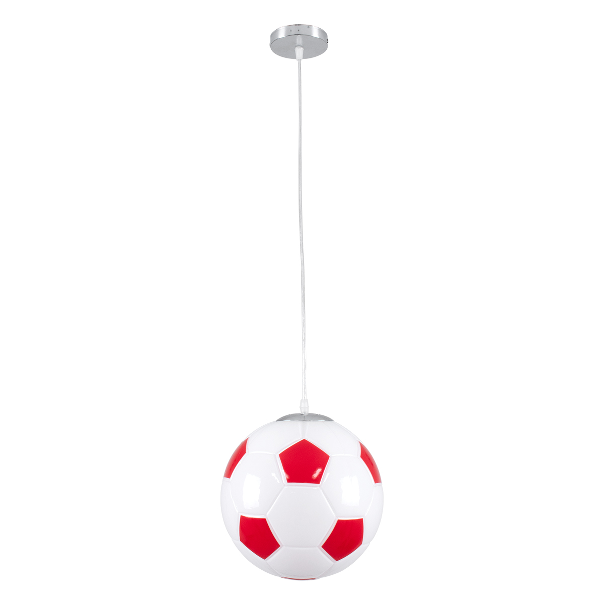 GloboStar® FOOTBALL 00646 Παιδικό Κρεμαστό Φωτιστικό Μπάλα Μονόφωτο 1 x E27 IP20 Λευκό & Κόκκινο Γυαλί - Μ25 x Π25 x Υ25cm