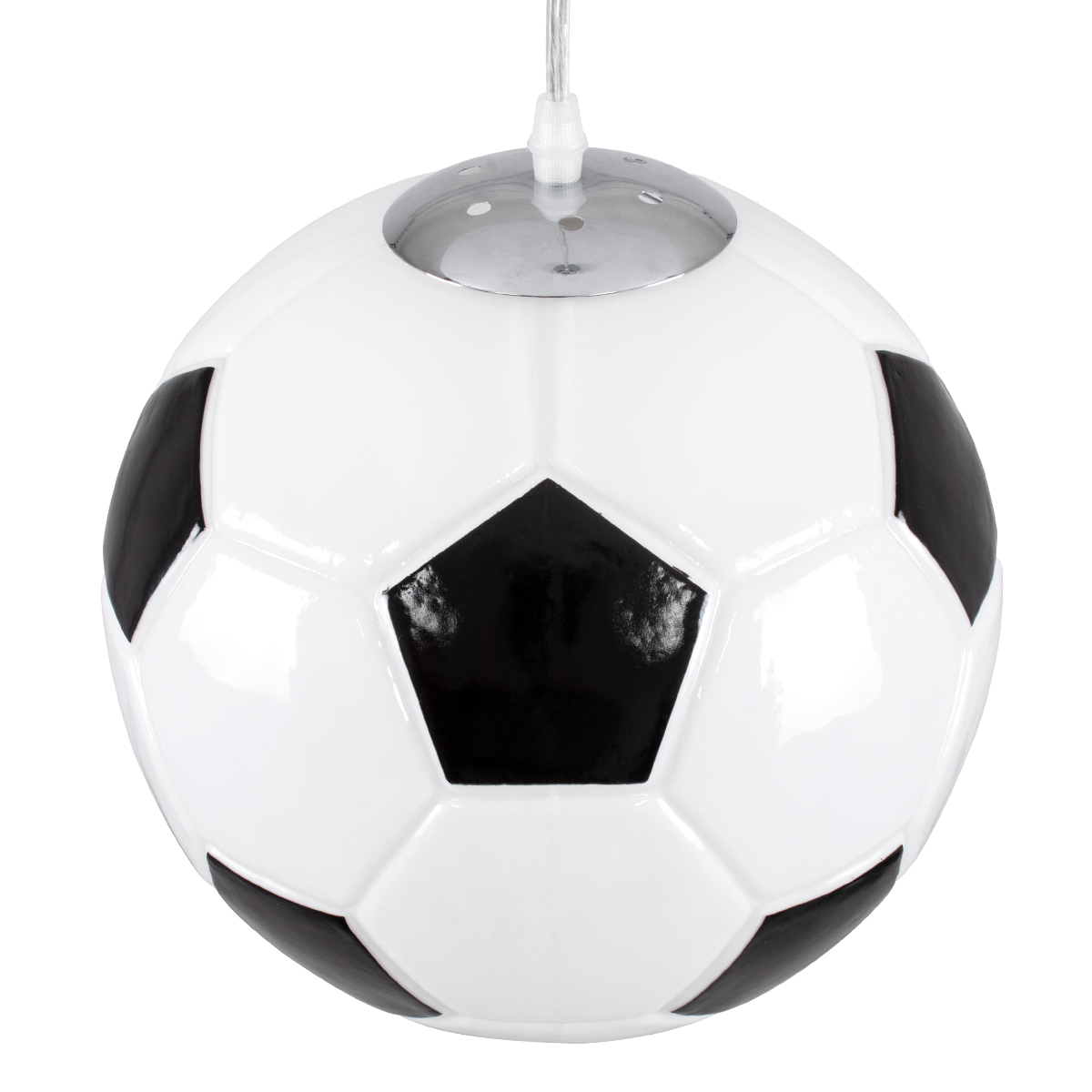 GloboStar® FOOTBALL 00647 Παιδικό Κρεμαστό Φωτιστικό Μπάλα Μονόφωτο 1 x E27 IP20 Λευκό & Μαύρο Γυαλί - Μ25 x Π25 x Υ25cm