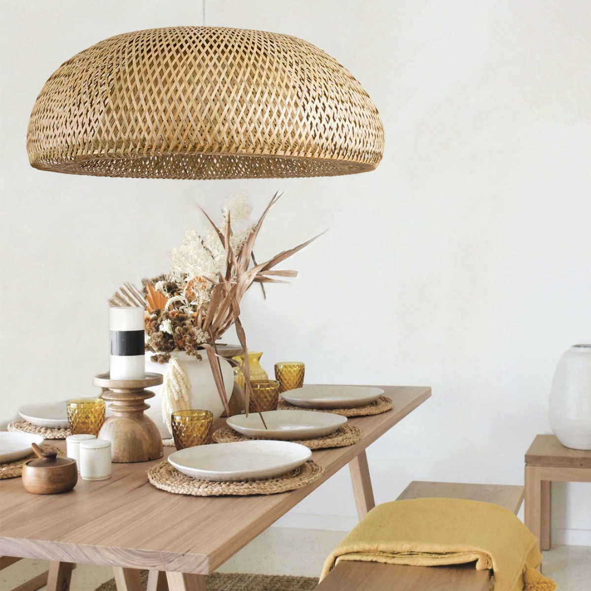 GloboStar® SAN TROPEZ 00673 Boho Κρεμαστό Φωτιστικό Πλέγμα Μονόφωτο 1 x E27 IP20 Μπεζ Ξύλο - Μ100 x Π100 x Y35cm