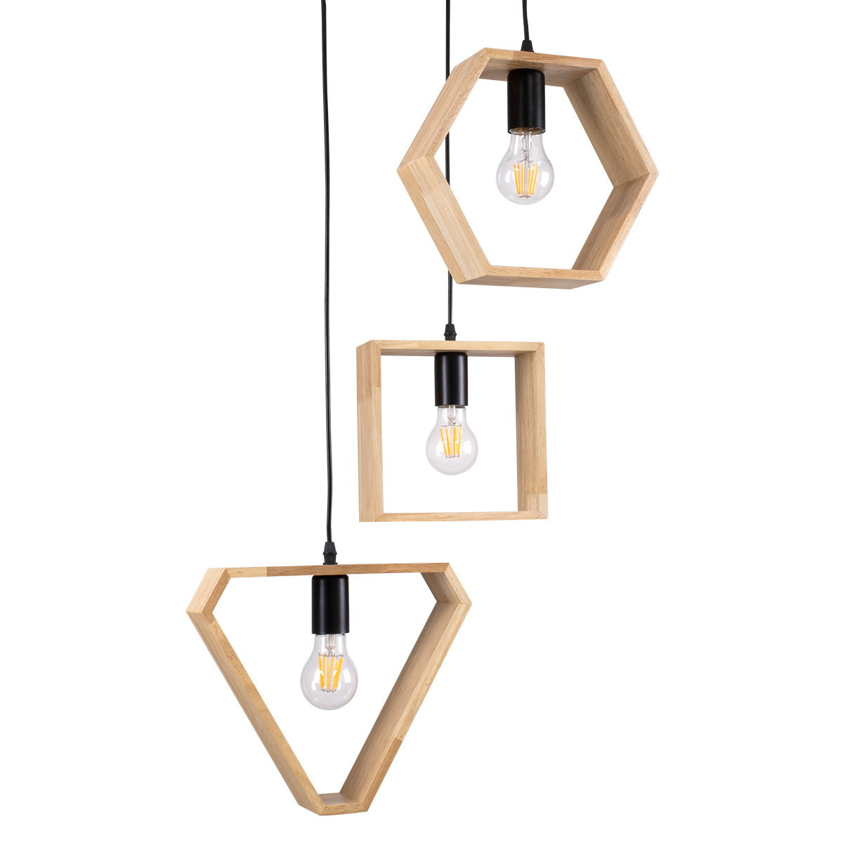 GloboStar® ELISE 00683 Μοντέρνο Κρεμαστό Φωτιστικό Ανάρτηση Τρίφωτο 3 x E27 IP20 Μπεζ Ξύλο με Μαύρο Μέταλλο - Μ55 x Π55 x Υ130cm
