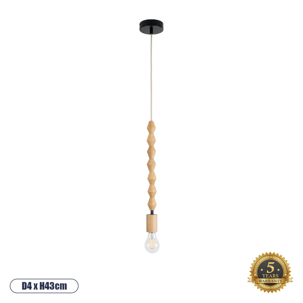 GloboStar® BEADS 00699 Vintage Κρεμαστό Φωτιστικό Ανάρτηση Μονόφωτο 1 x E27 IP20 Μπεζ Ξύλο - Μ4 x Π4 x Υ43cm