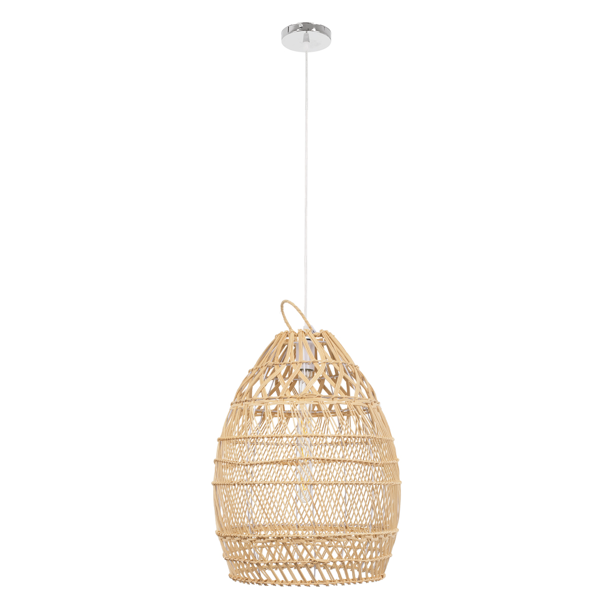 GloboStar® TAHITI 00710 Boho Κρεμαστό Φωτιστικό Πλέγμα Μονόφωτο 1 x E27 IP20 Μπεζ Ξύλο - Μ38 x Π38 x Υ50cm
