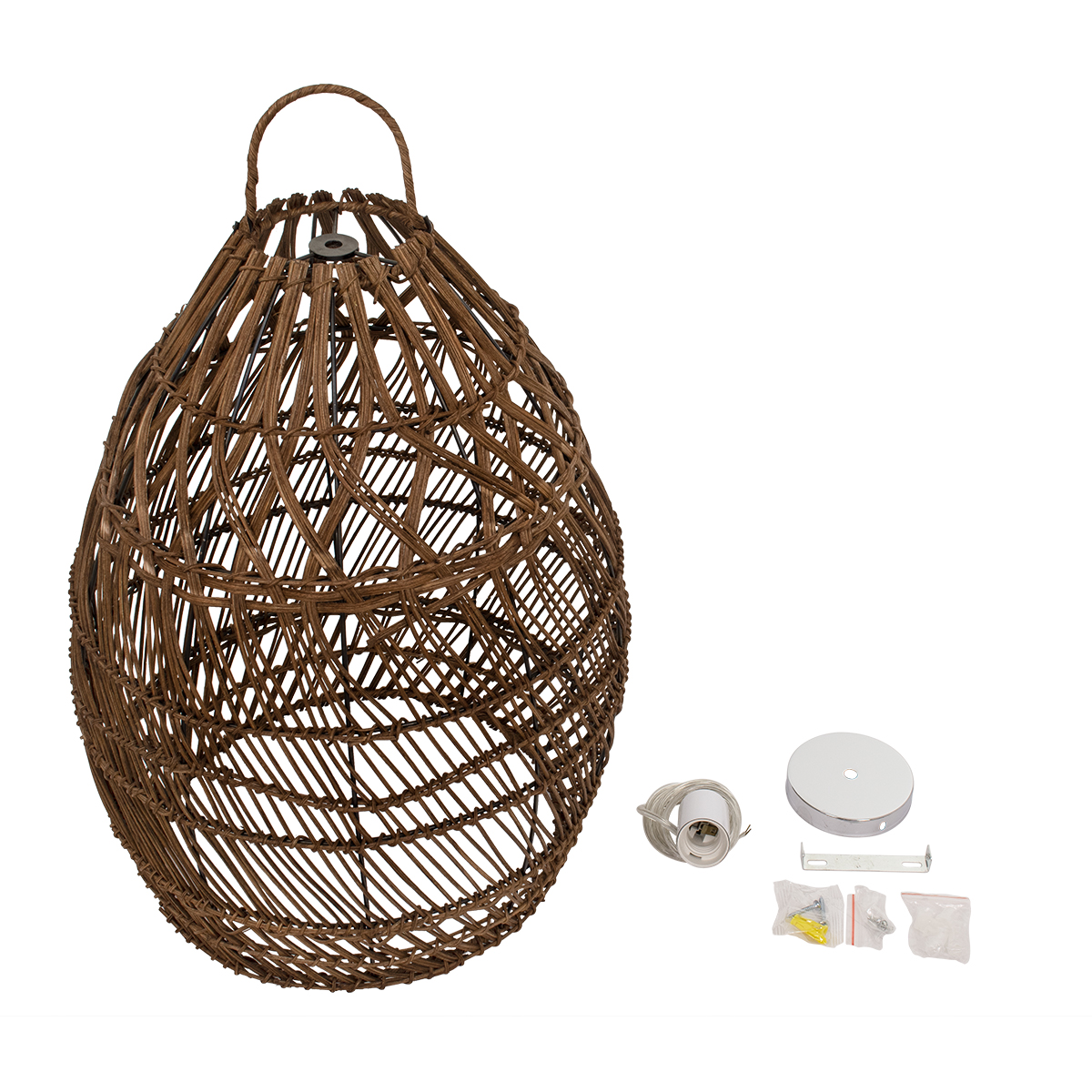 GloboStar® TAHITI 00711 Boho Κρεμαστό Φωτιστικό Πλέγμα Μονόφωτο 1 x E27 IP20 Καφέ Ξύλο - Μ38 x Π38 x Υ50cm