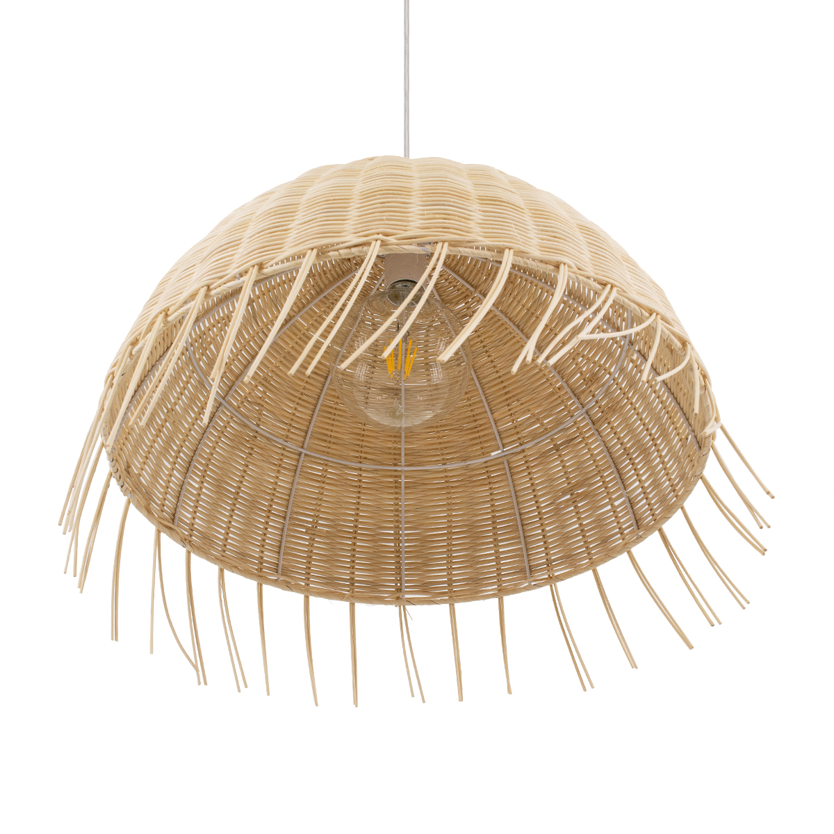 GloboStar® JAKARTA 00712 Boho Κρεμαστό Φωτιστικό Καμπάνα Μονόφωτο 1 x E27 IP20 Μπέζ Ξύλο - Μ50 x Π50 x Υ36cm