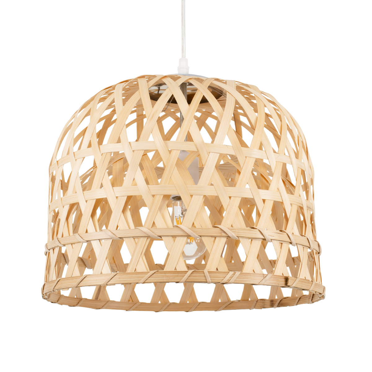 GloboStar® MANGEA 00715 Boho Κρεμαστό Φωτιστικό Πλέγμα Μονόφωτο 1 x E27 IP20 Μπεζ Ξύλο - Μ35 x Π35 x Υ22cm
