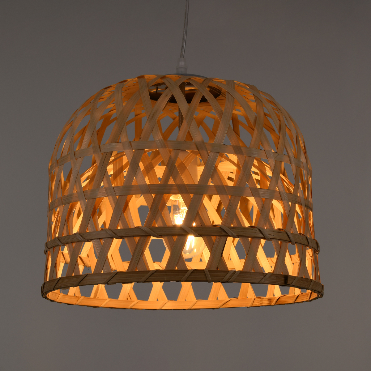 GloboStar® MANGEA 00715 Boho Κρεμαστό Φωτιστικό Πλέγμα Μονόφωτο 1 x E27 IP20 Μπεζ Ξύλο - Μ35 x Π35 x Υ22cm