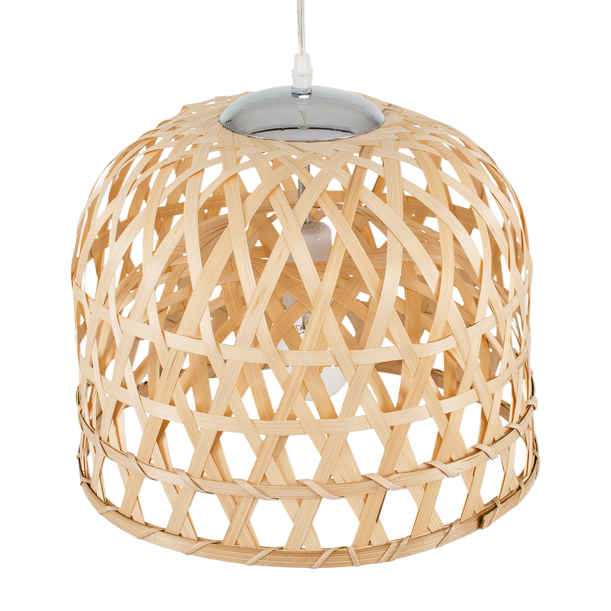 GloboStar® MANGEA 00715 Boho Κρεμαστό Φωτιστικό Πλέγμα Μονόφωτο 1 x E27 IP20 Μπεζ Ξύλο - Μ35 x Π35 x Υ22cm