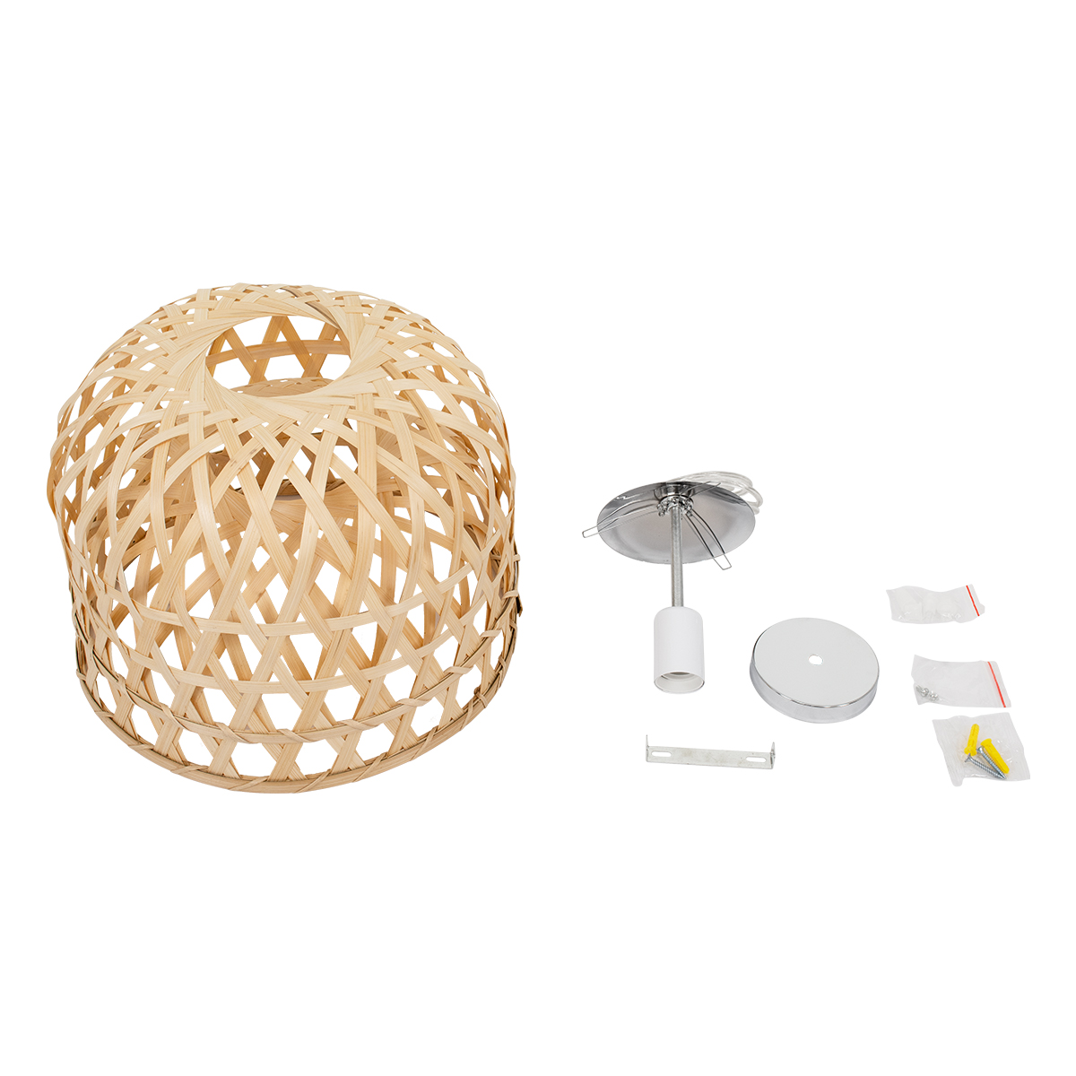 GloboStar® MANGEA 00715 Boho Κρεμαστό Φωτιστικό Πλέγμα Μονόφωτο 1 x E27 IP20 Μπεζ Ξύλο - Μ35 x Π35 x Υ22cm