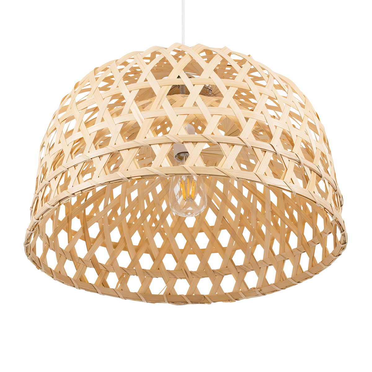 GloboStar® MANGEA 00716 Boho Κρεμαστό Φωτιστικό Πλέγμα Μονόφωτο 1 x E27 IP20 Μπέζ Ξύλο - Μ50 x Π50 x Υ34cm