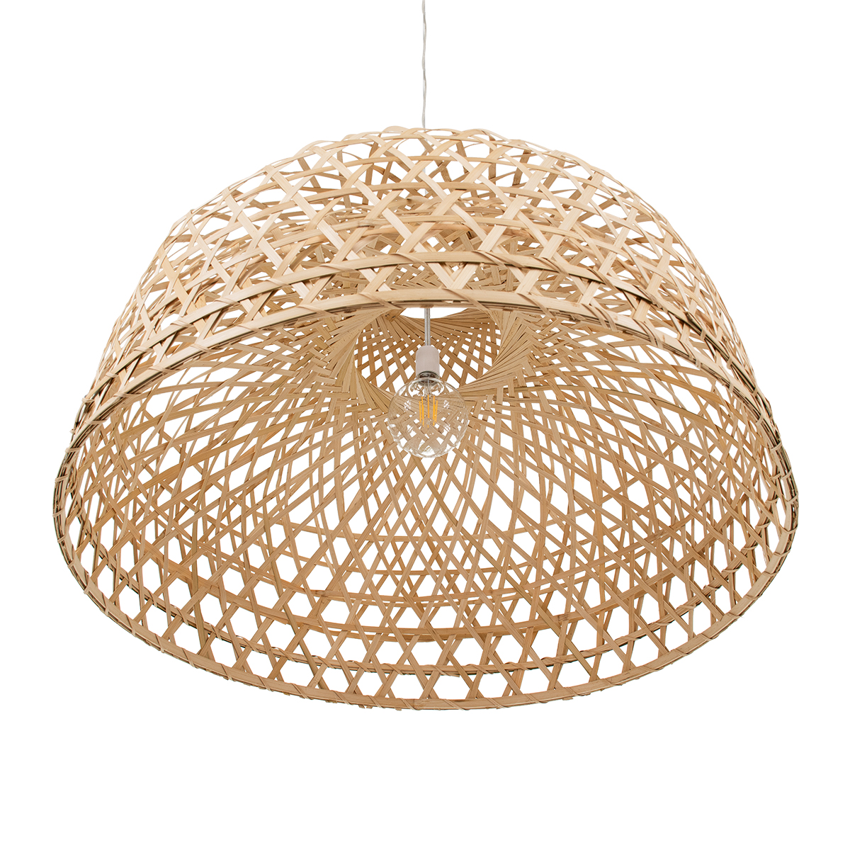 GloboStar® MANGEA 00717 Boho Κρεμαστό Φωτιστικό Πλέγμα Μονόφωτο 1 x E27 IP20 Μπεζ Ξύλο - Μ100 x Π100 x Υ59cm