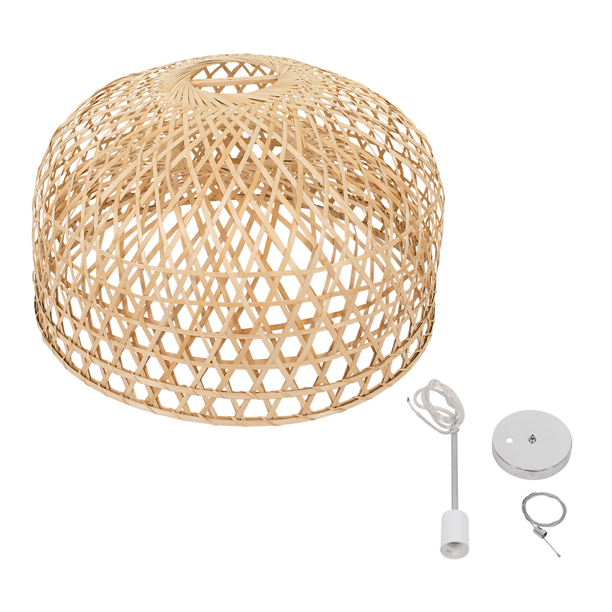 GloboStar® MANGEA 00717 Boho Κρεμαστό Φωτιστικό Πλέγμα Μονόφωτο 1 x E27 IP20 Μπεζ Ξύλο - Μ100 x Π100 x Υ59cm