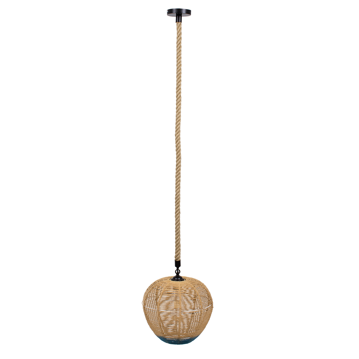GloboStar® SIMON 00726 Boho Κρεμαστό Φωτιστικό Πλέγμα Μονόφωτο 1 x E27 IP20 Μπεζ & Μπλε Σχοινί - Μ30 x Π30 x Υ30cm