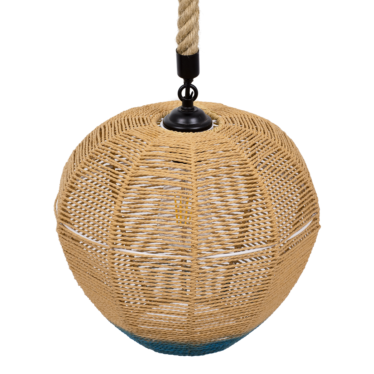 GloboStar® SIMON 00726 Boho Κρεμαστό Φωτιστικό Πλέγμα Μονόφωτο 1 x E27 IP20 Μπεζ & Μπλε Σχοινί - Μ30 x Π30 x Υ30cm