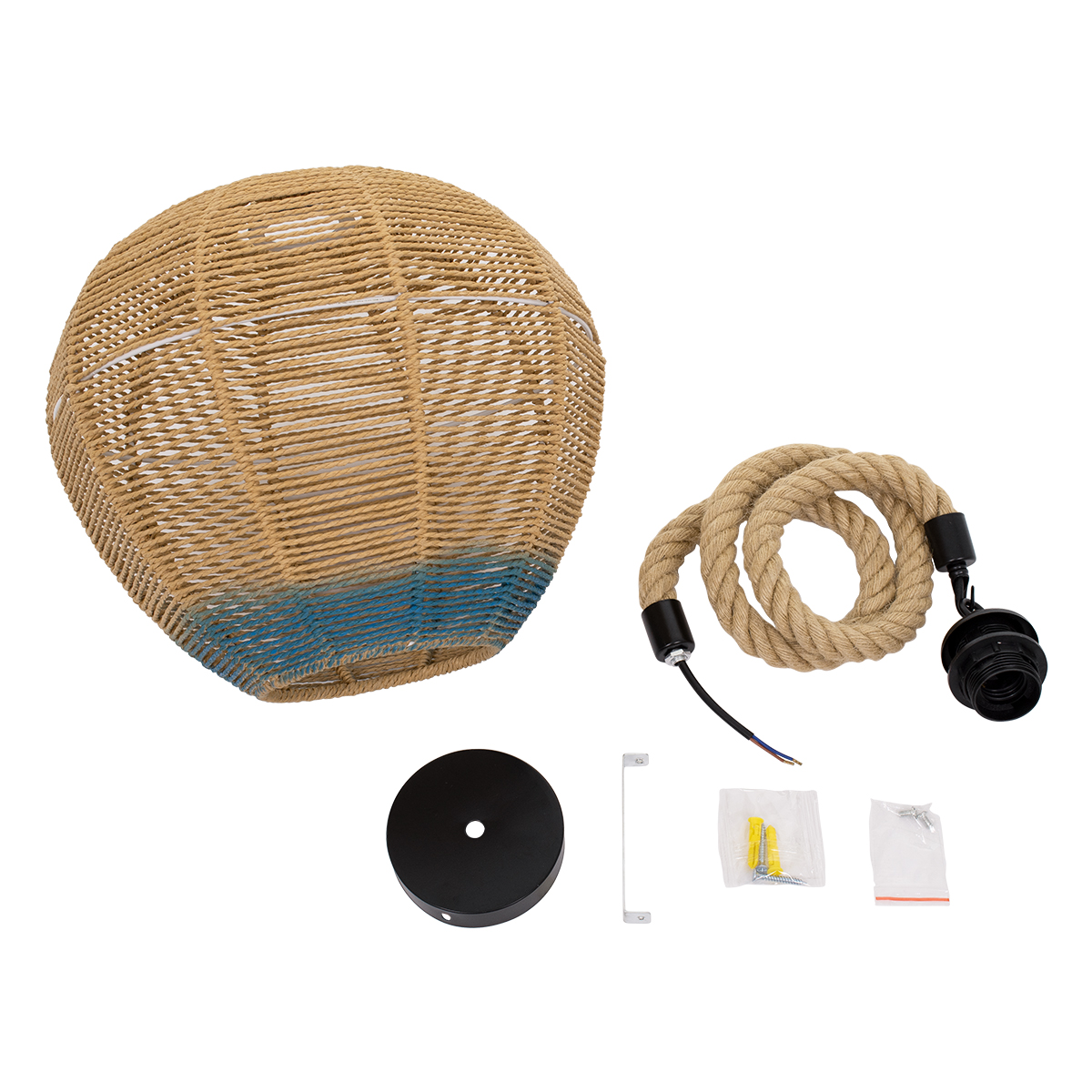 GloboStar® SIMON 00726 Boho Κρεμαστό Φωτιστικό Πλέγμα Μονόφωτο 1 x E27 IP20 Μπεζ & Μπλε Σχοινί - Μ30 x Π30 x Υ30cm