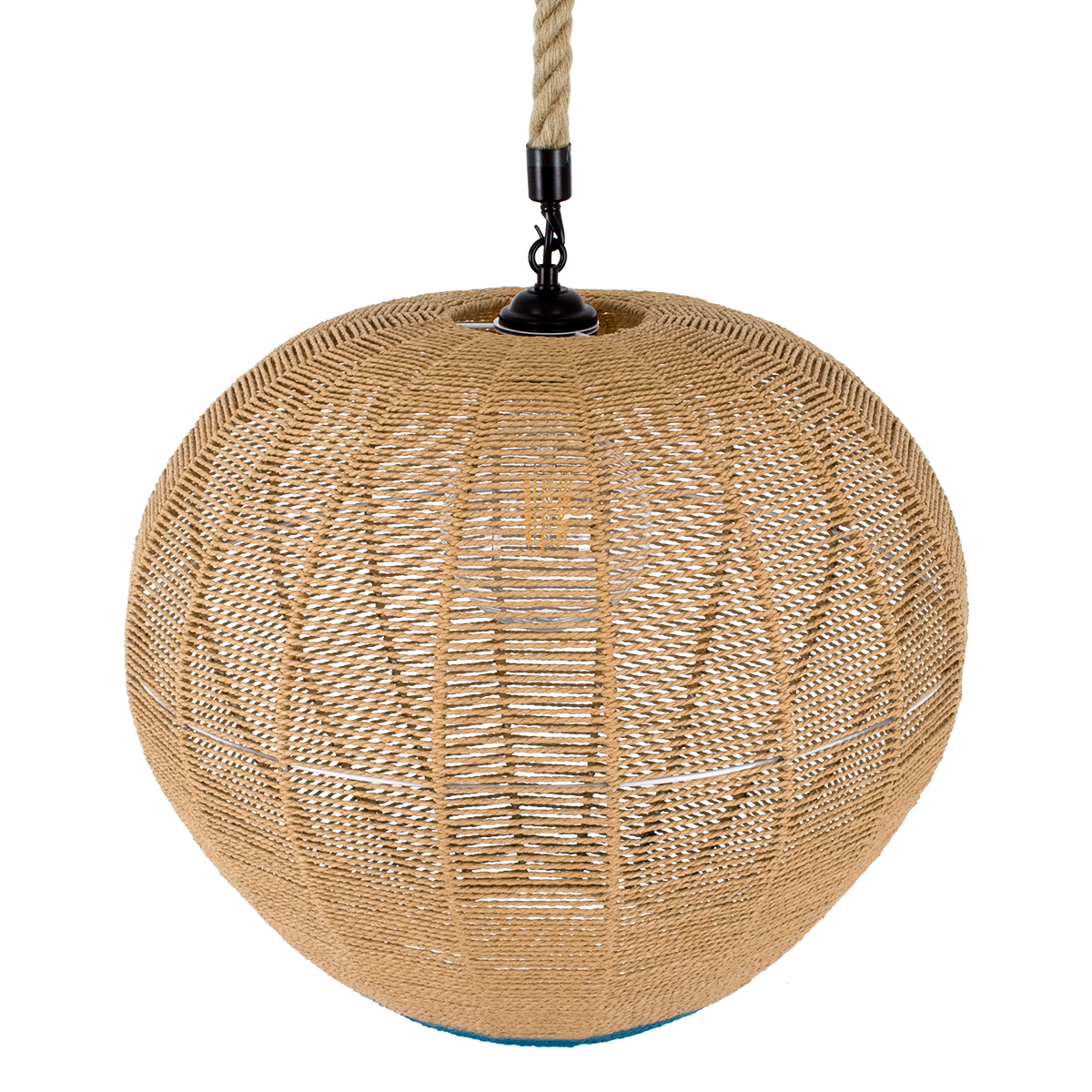 GloboStar® SIMON 00727 Boho Κρεμαστό Φωτιστικό Ανάρτηση Μονόφωτο 1 x E27 IP20 Μπεζ & Μπλε Σχοινί - Μ50 x Π50 x Y47cm