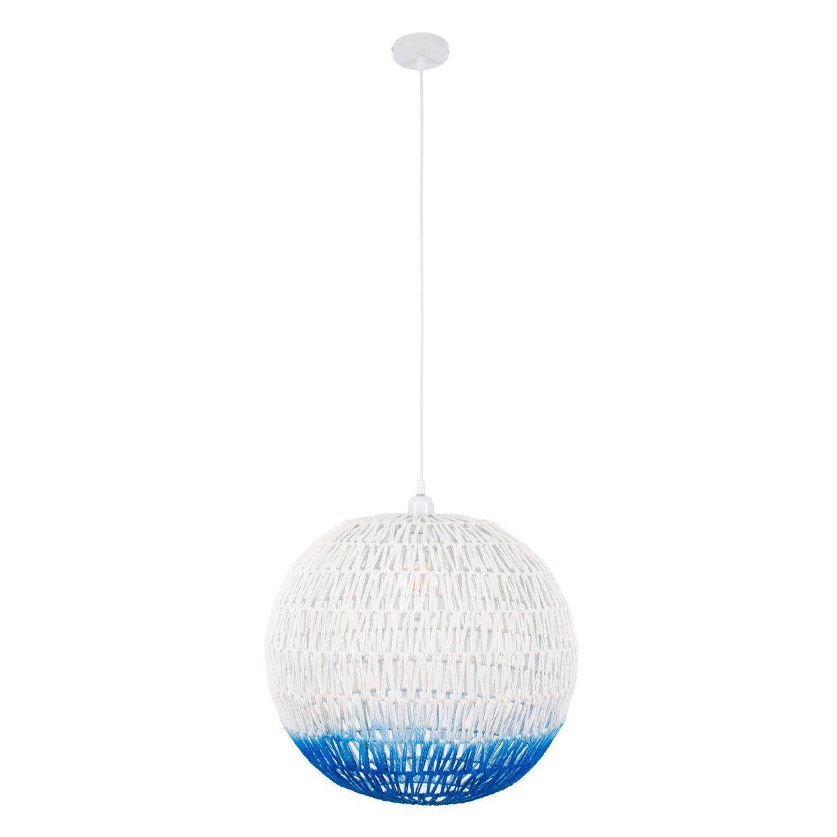 GloboStar® SANTOR 00729 Boho Κρεμαστό Φωτιστικό Μπάλα Μονόφωτο 1 x E27 IP20 Λευκό & Μπλε Σχοινί - Μ50 x Π50 x Y50cm