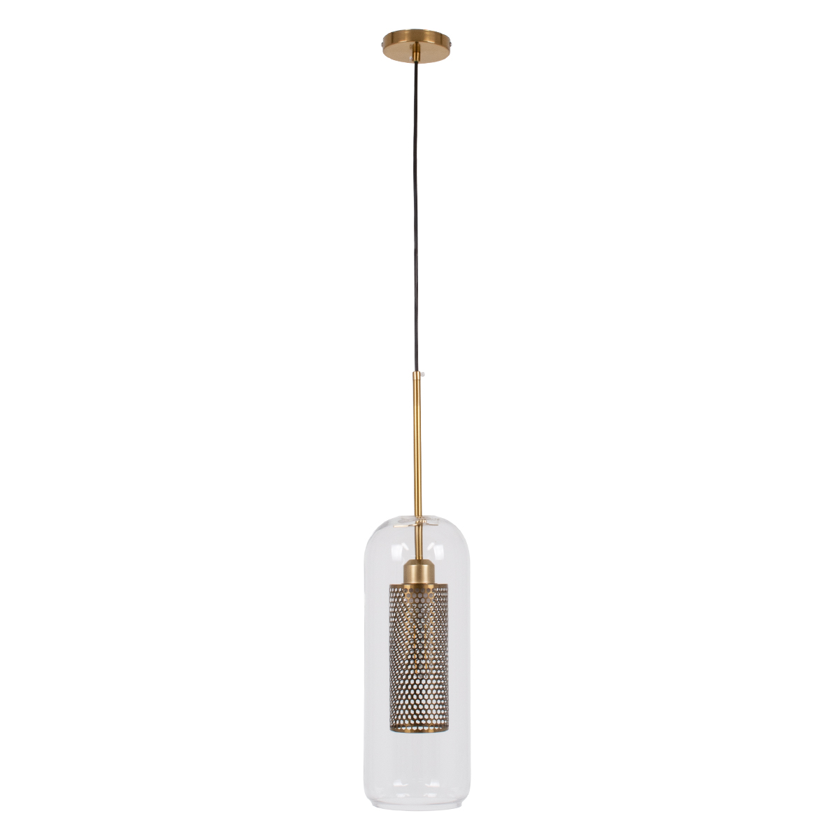 GloboStar® AVERY 00741 Μοντέρνο Κρεμαστό Φωτιστικό Πλέγμα Μονόφωτο 1 x E27 IP20 Διάφανο Γυαλί με Χρυσό Μέταλλο - Μ15 x Π15 x Υ60cm