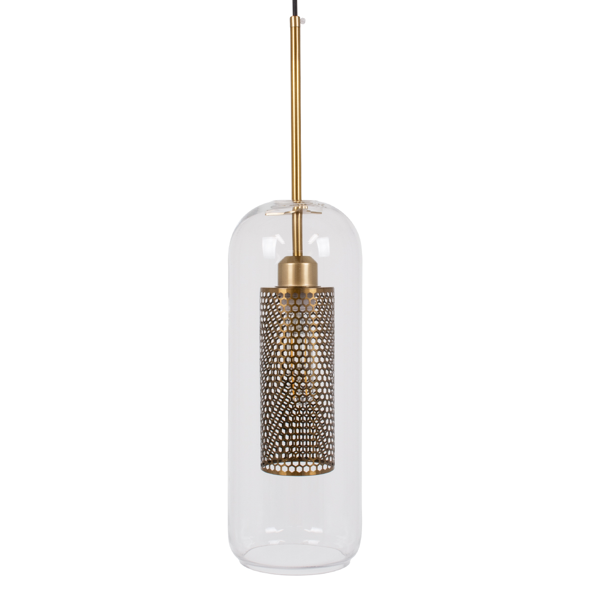 GloboStar® AVERY 00741 Μοντέρνο Κρεμαστό Φωτιστικό Πλέγμα Μονόφωτο 1 x E27 IP20 Διάφανο Γυαλί με Χρυσό Μέταλλο - Μ15 x Π15 x Υ60cm