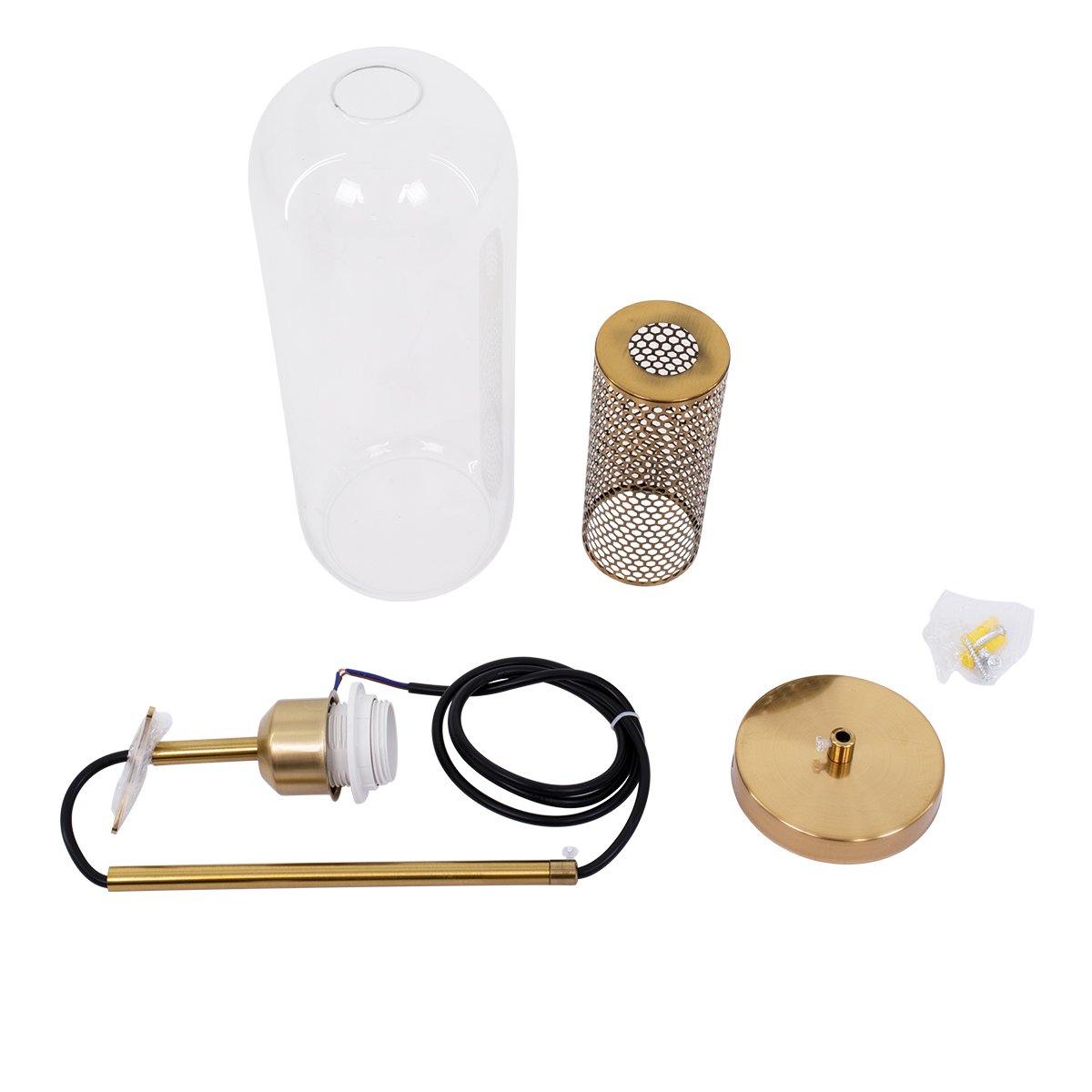 GloboStar® AVERY 00741 Μοντέρνο Κρεμαστό Φωτιστικό Πλέγμα Μονόφωτο 1 x E27 IP20 Διάφανο Γυαλί με Χρυσό Μέταλλο - Μ15 x Π15 x Υ60cm